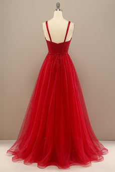 Red Sweetheart Tulle Prom Dress with Beading