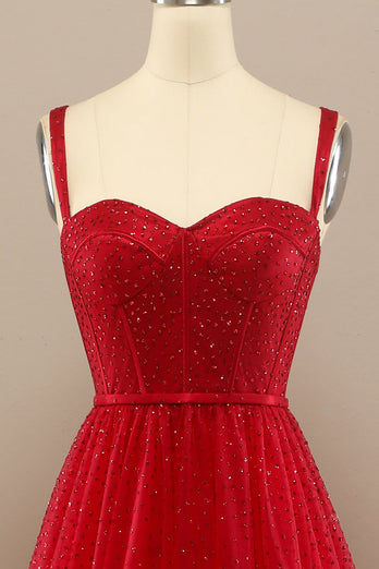 Red Sweetheart Tulle Prom Dress with Beading