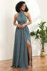 Load image into Gallery viewer, Grey Halter Ruched Long Chiffon Bridesmaid Dress with Slit