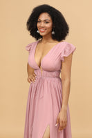 Load image into Gallery viewer, Blush V-Neck Long Chiffon Bridesmaid Dress