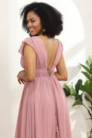 Load image into Gallery viewer, Blush V-Neck Long Chiffon Bridesmaid Dress