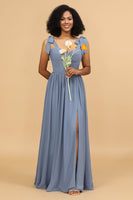 Load image into Gallery viewer, Grey Blue Spaghetti Straps Long Chiffon Bridesmaid Dress with Slit