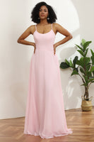 Load image into Gallery viewer, Spaghetti Straps Chiffon Pink Bridesmaid Dress