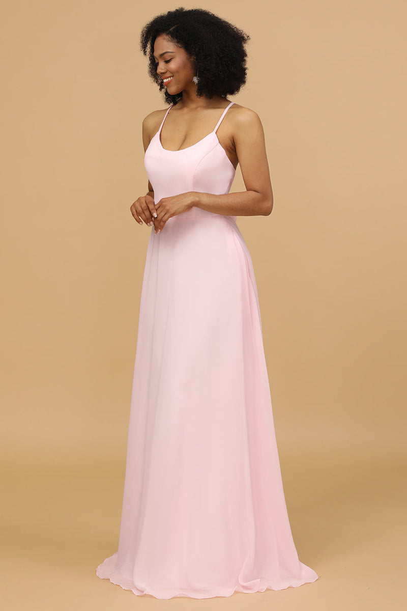 Load image into Gallery viewer, Spaghetti Straps Chiffon Pink Bridesmaid Dress