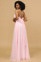 Load image into Gallery viewer, Spaghetti Straps Chiffon Pink Bridesmaid Dress