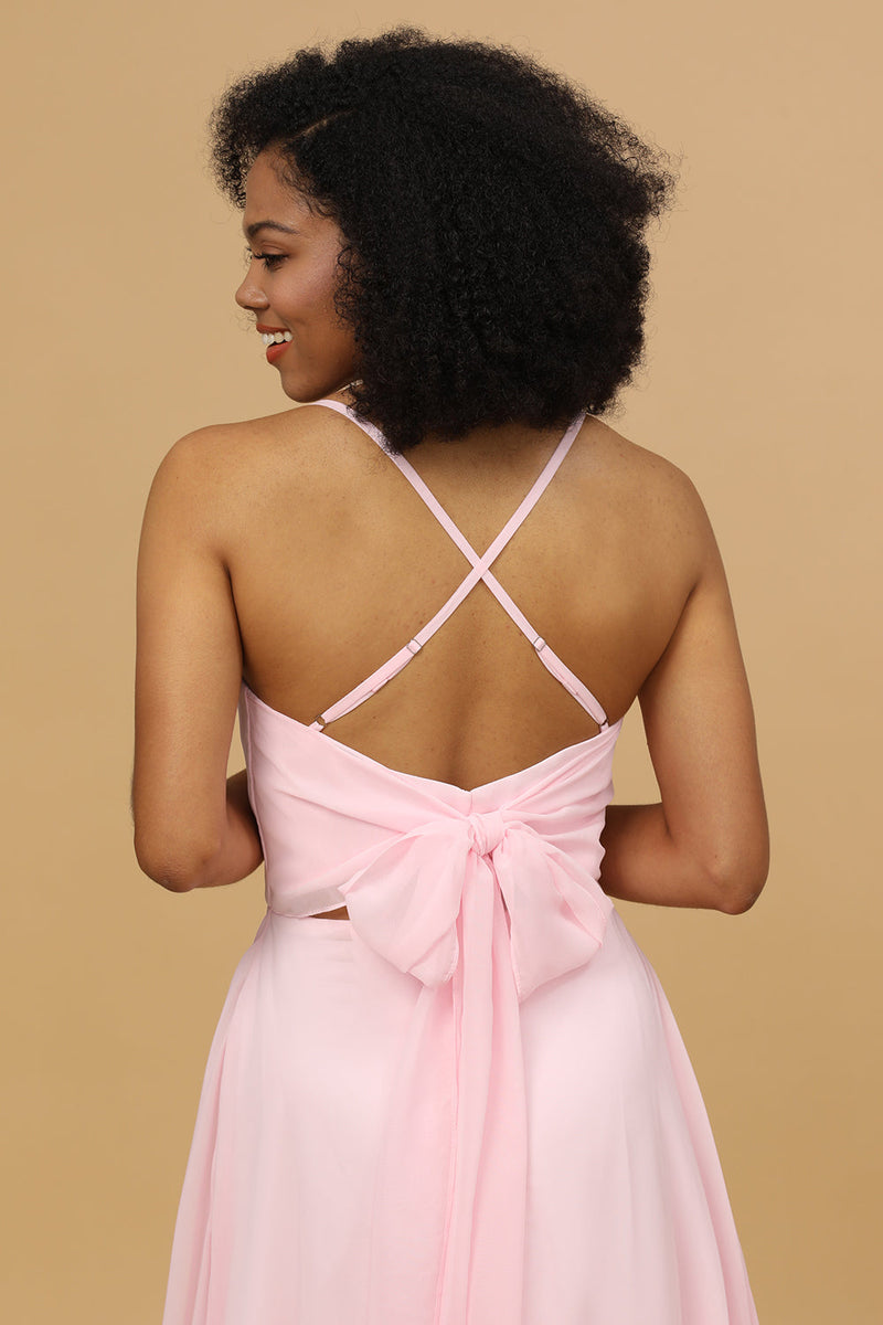 Load image into Gallery viewer, Spaghetti Straps Chiffon Pink Bridesmaid Dress