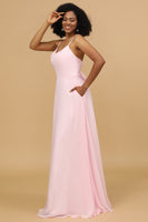 Load image into Gallery viewer, Spaghetti Straps Chiffon Pink Bridesmaid Dress