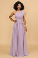 Load image into Gallery viewer, Lilac Chiffon One Shoulder Bridemaid Dress with Ruffles