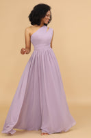Load image into Gallery viewer, Lilac Chiffon One Shoulder Bridemaid Dress with Ruffles
