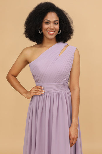Lilac Chiffon One Shoulder Bridemaid Dress with Ruffles