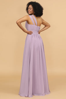 Lilac Chiffon One Shoulder Bridemaid Dress with Ruffles