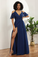 Load image into Gallery viewer, Cold Shoulder Navy Chiffon Bridesmaid Dress with Slit