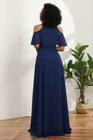 Load image into Gallery viewer, Cold Shoulder Navy Chiffon Bridesmaid Dress with Slit