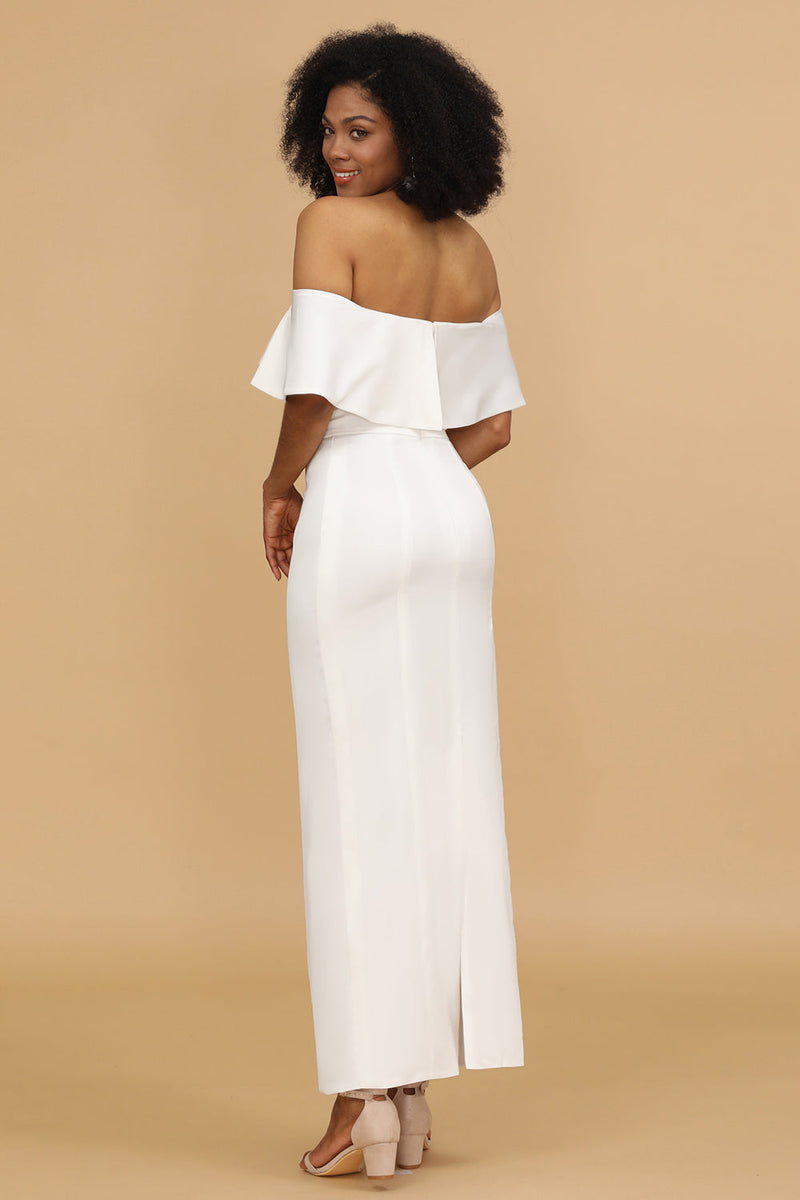 Load image into Gallery viewer, White Off the Shoulder Satin Bridesmaid Dress