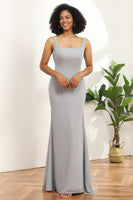 Load image into Gallery viewer, Grey Square Neck Mermaid Bridesmaid Dress