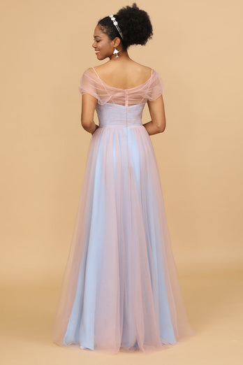 A Line Spaghetti Straps Blue Tulle Long Bridesmaid Dress