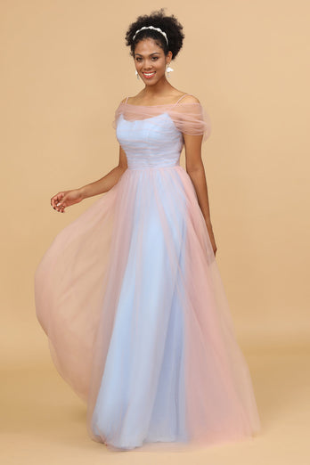 A Line Spaghetti Straps Blue Tulle Long Bridesmaid Dress
