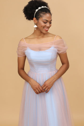 A Line Spaghetti Straps Blue Tulle Long Bridesmaid Dress