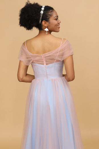 A Line Spaghetti Straps Blue Tulle Long Bridesmaid Dress