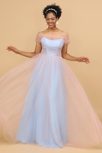 A Line Spaghetti Straps Blue Tulle Long Bridesmaid Dress