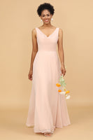 Load image into Gallery viewer, A Line V Neck Blush Chiffon Long Bridesmaid Dress