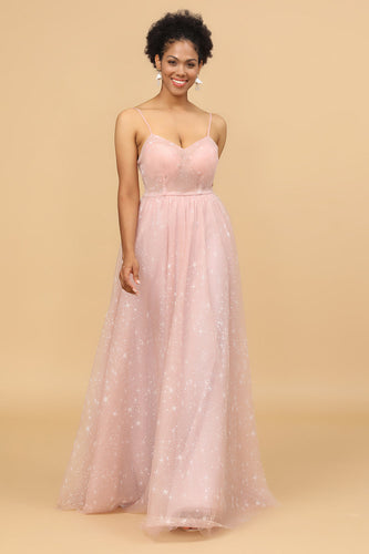 A Line Spaghetti Straps Blush Long Bridesmaid Dress