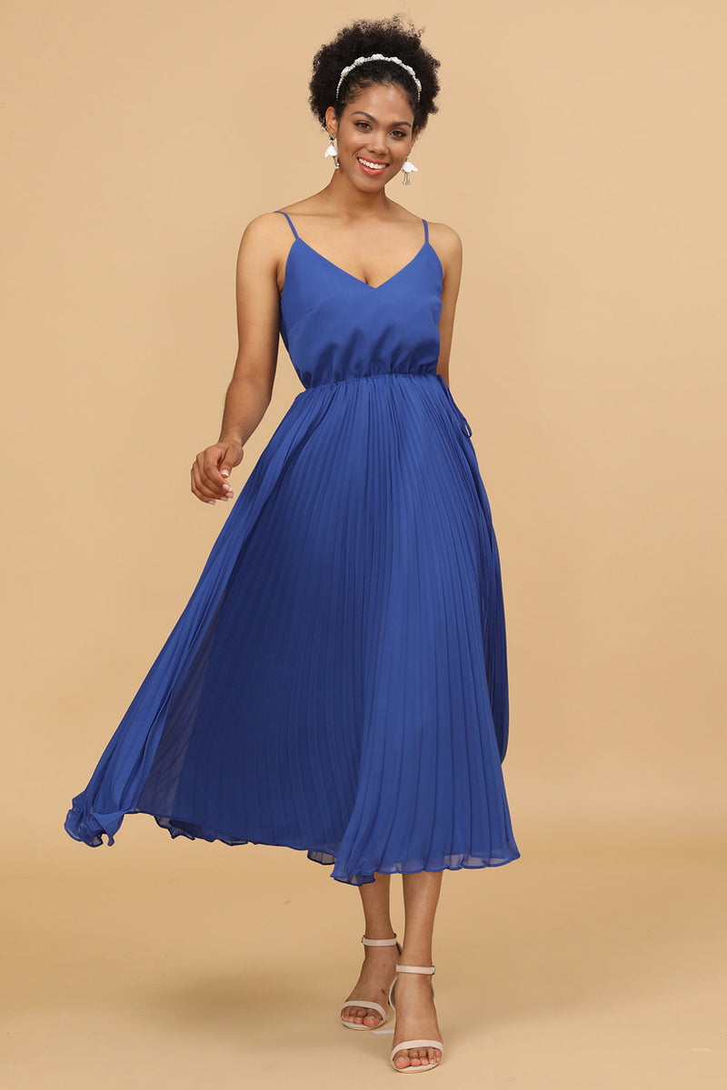 Load image into Gallery viewer, A Line Spaghetti Straps Royal Blue Tea Length Bridesmaid Dress