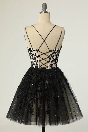 A Line Spaghetti Straps Black Short Homecoming Dress with Appliques