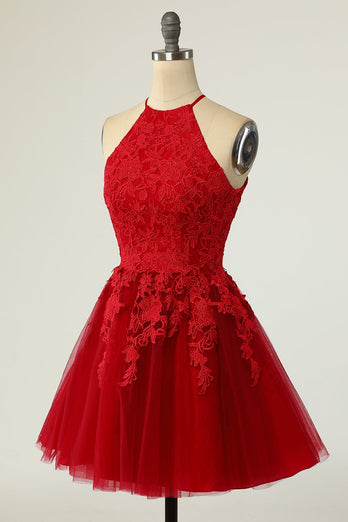 A Line Halter Red Short Party Dress with Appliques