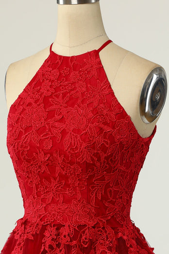 A Line Halter Red Short Party Dress with Appliques