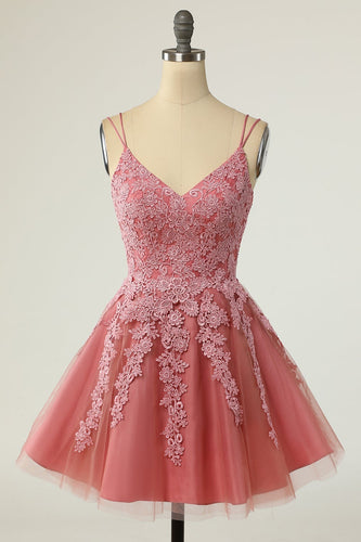 A Line Spaghetti Straps Blush Short Party Dress with Appliques