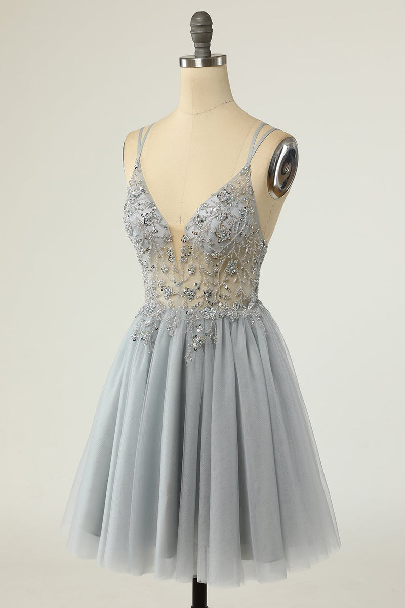 Load image into Gallery viewer, Gorgeous A Line Spaghetti Straps Grey Short Homecoming Dress with Beading