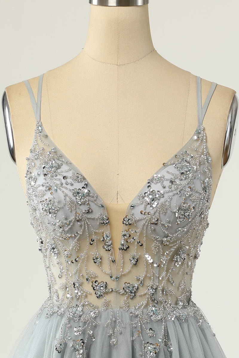 Load image into Gallery viewer, Gorgeous A Line Spaghetti Straps Grey Short Homecoming Dress with Beading