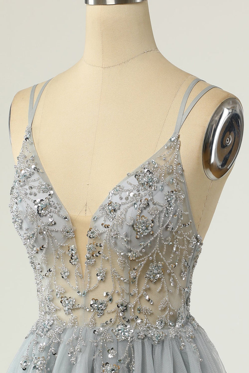 Load image into Gallery viewer, Gorgeous A Line Spaghetti Straps Grey Short Homecoming Dress with Beading