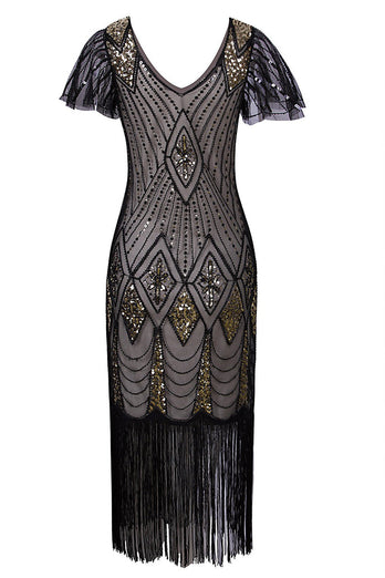 Black & Gold Sequin Party Dress with Fringes
