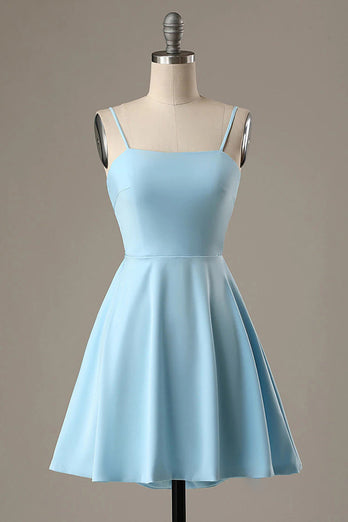 Simple Blue Open Back A Line Short Prom Dress