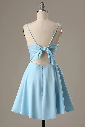 Simple Blue Open Back A Line Short Prom Dress