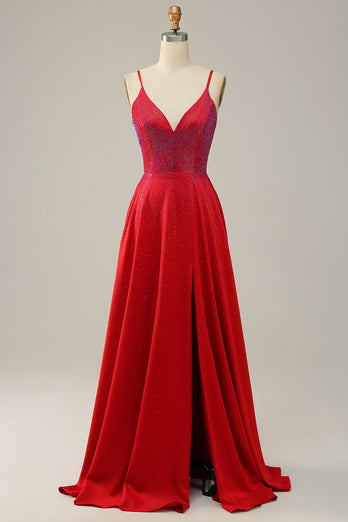 Spaghetti Straps Beaded Red Prom Dress with Slit