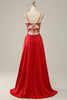 Load image into Gallery viewer, Spaghetti Straps Beaded Red Prom Dress with Slit