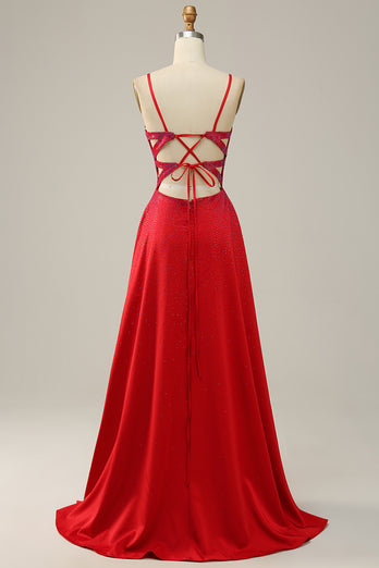 Spaghetti Straps Beaded Red Prom Dress with Slit