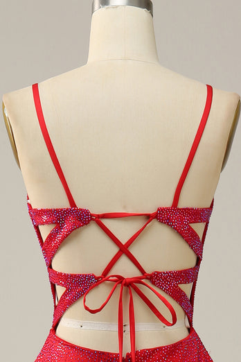 Spaghetti Straps Beaded Red Prom Dress with Slit
