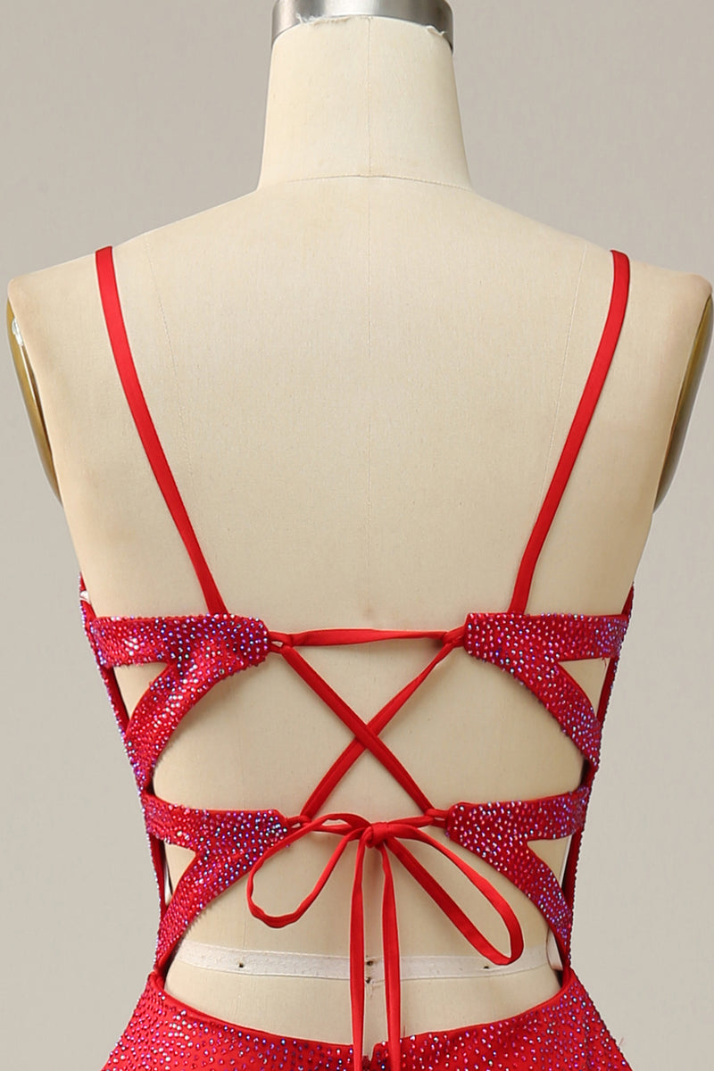 Load image into Gallery viewer, Spaghetti Straps Beaded Red Prom Dress with Slit