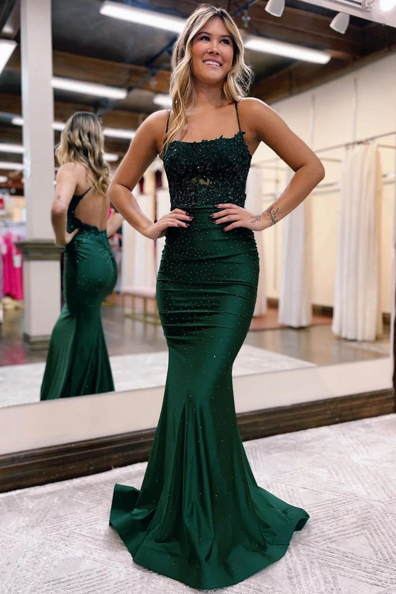 Load image into Gallery viewer, Dark Green Halter Mermaid Prom Dress with Beading