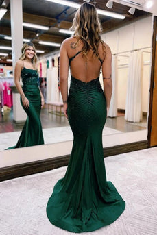 Dark Green Halter Mermaid Prom Dress with Beading