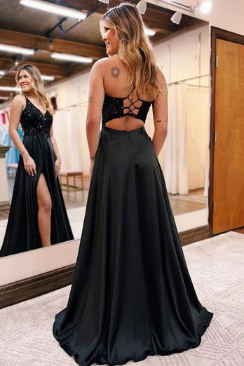 Black A-Line Sparkly Prom Dress with Pockets