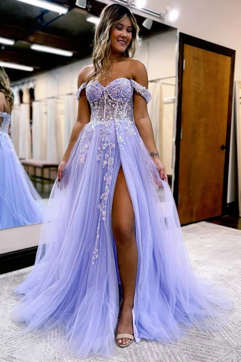 Load image into Gallery viewer, A Line Off the Shoulder Royal Blue Long Prom Dress with Split Front