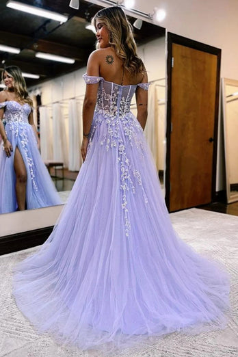 A Line Off the Shoulder Royal Blue Long Prom Dress with Split Front