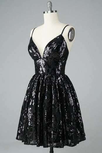 Glitter Black Lace Sequins Short Prom Dress