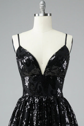 Glitter Black Lace Sequins Short Prom Dress