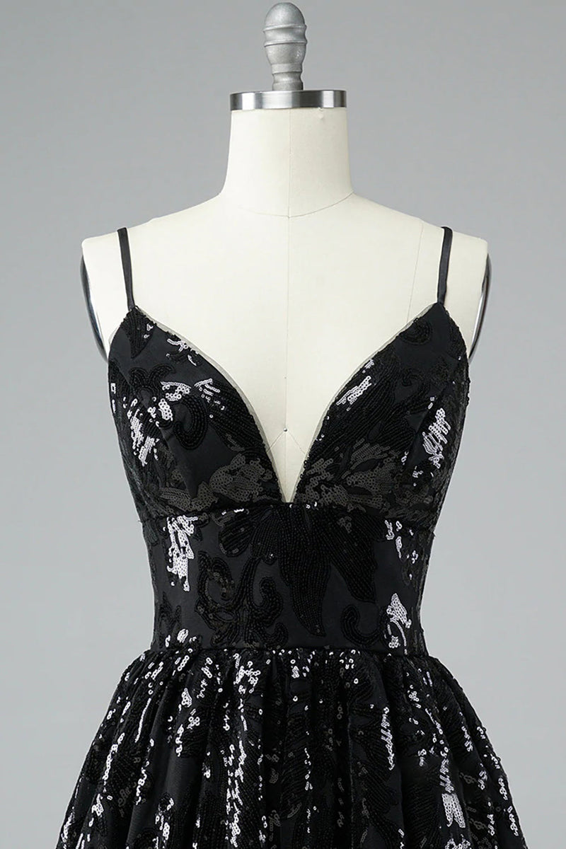 Load image into Gallery viewer, Glitter Black Lace Sequins Short Prom Dress